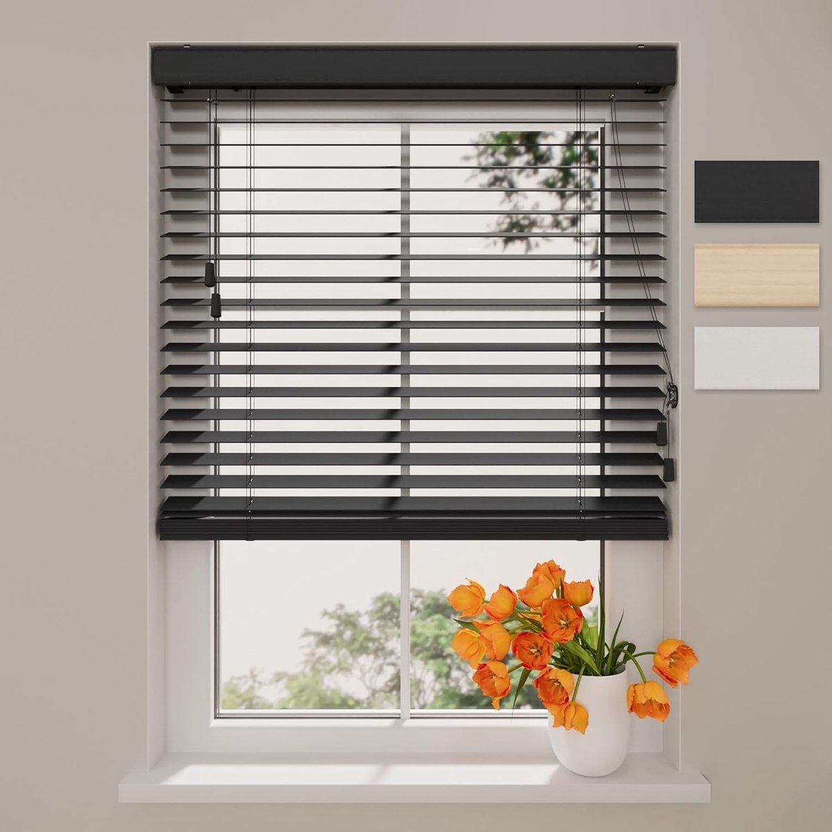 Houten jaloezieën - Binnenjaloezieën raam - Lichtinval regelen - 50mm lamellen - 230 x 240 cm - Zwart