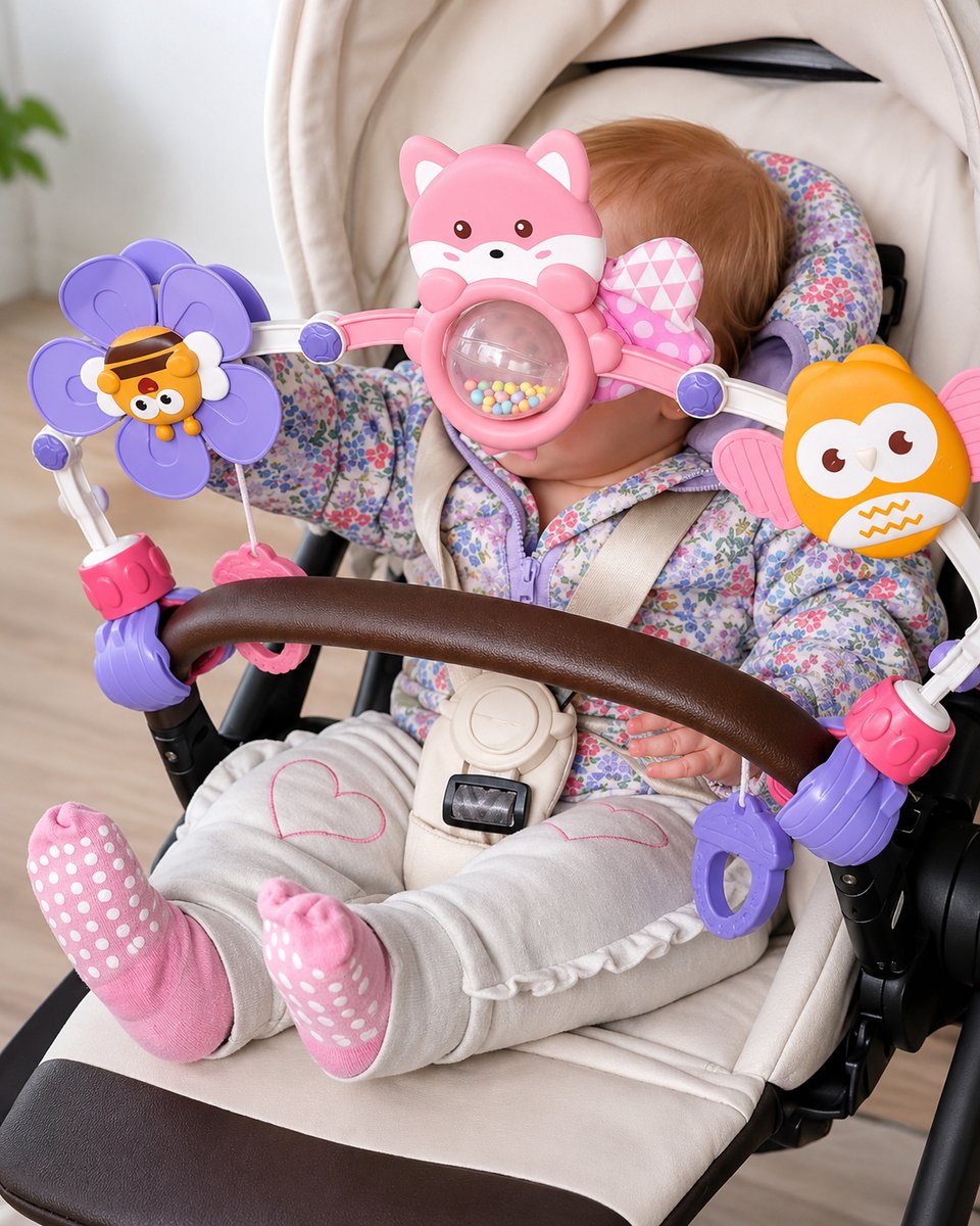 Babywagen Speelboog met Klemmen – Activiteitenspeelgoed voor Baby – Rammelaar, Bijtring & Draaibloem – Geschikt voor Kinderwagen Autostoel en Babybed
