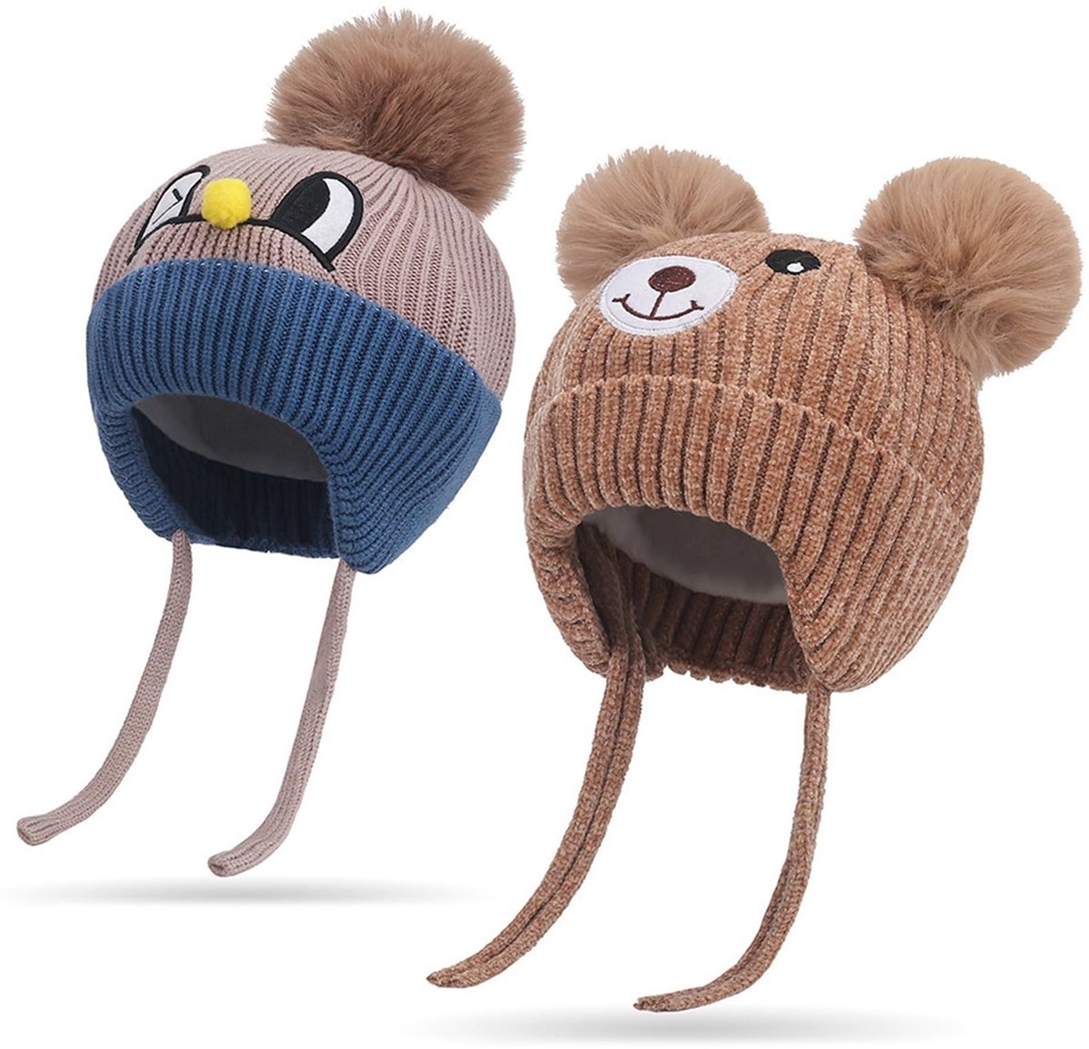 Dailygoods - Beanie Hat Kids,Forreen 2 Stuks Winter Hoeden voor Jongens Meisjes Schattige Beer Eend Gebreide Muts Warme Winddichte Koude-Proof Zachte Pom Pom Muts met Kinband voor Baby Peuter Herfst Winter