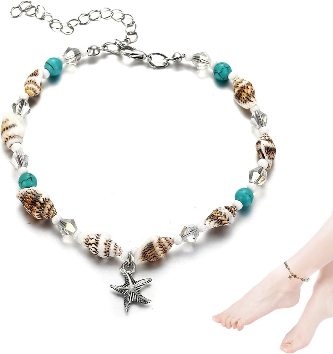 Enkelbandje met schelpen design - zilver - turquoise accent - trendy accessoire voor elke gelegenheid - ShopVlot