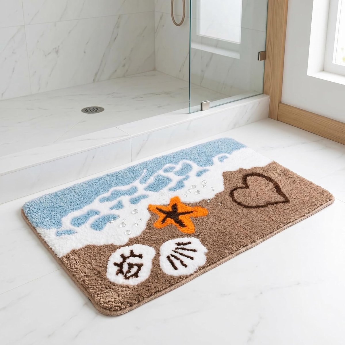 Badmat 40 x 60 cm - Antislip - Zeesterren- en strandmotief - Ultra-absorberend - ShopVlot