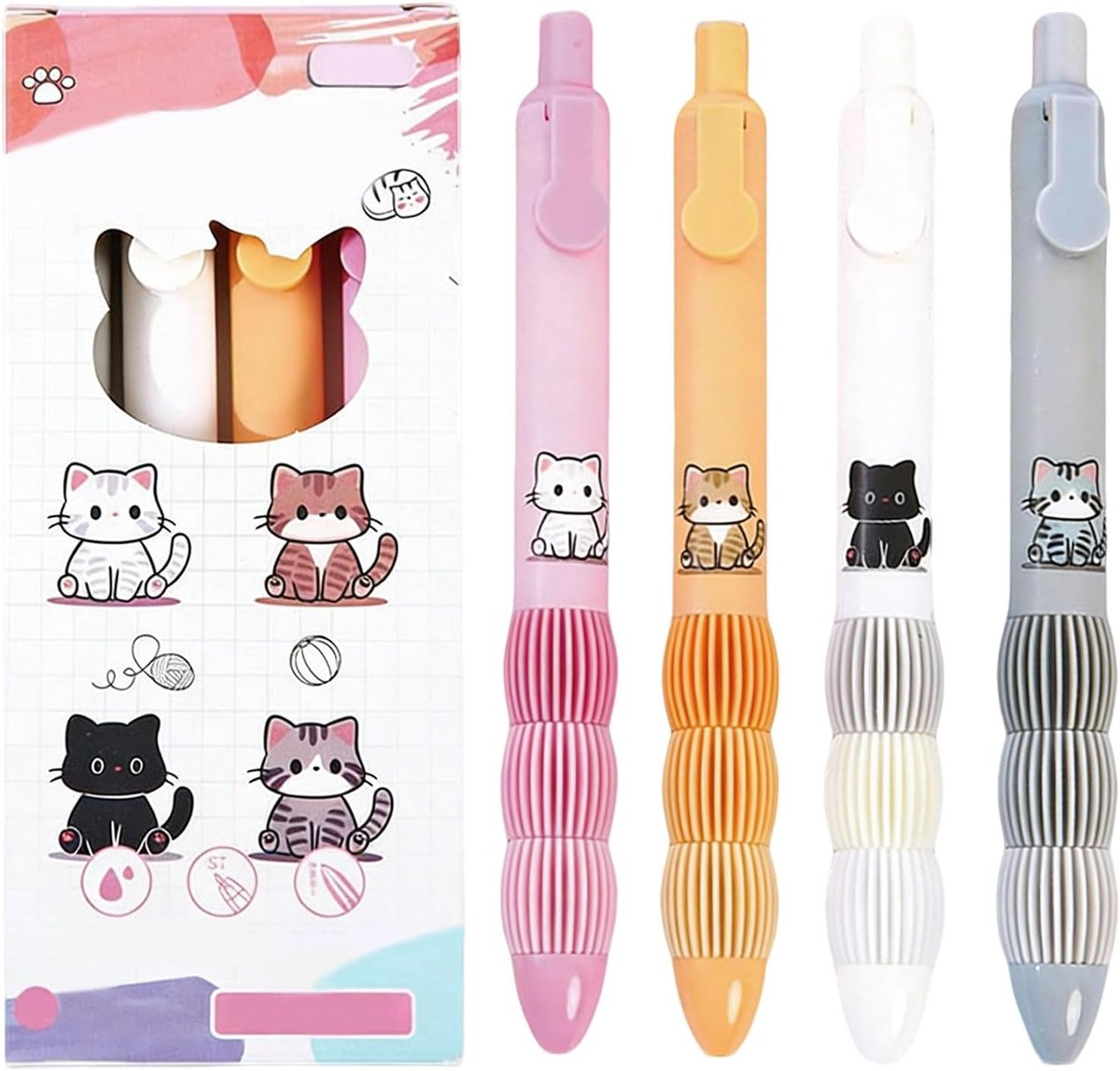 Gelpen 0.5mm - Set van 4 - Schattig kattenpatroon - Ideaal voor kantoor en school - ShopVlot