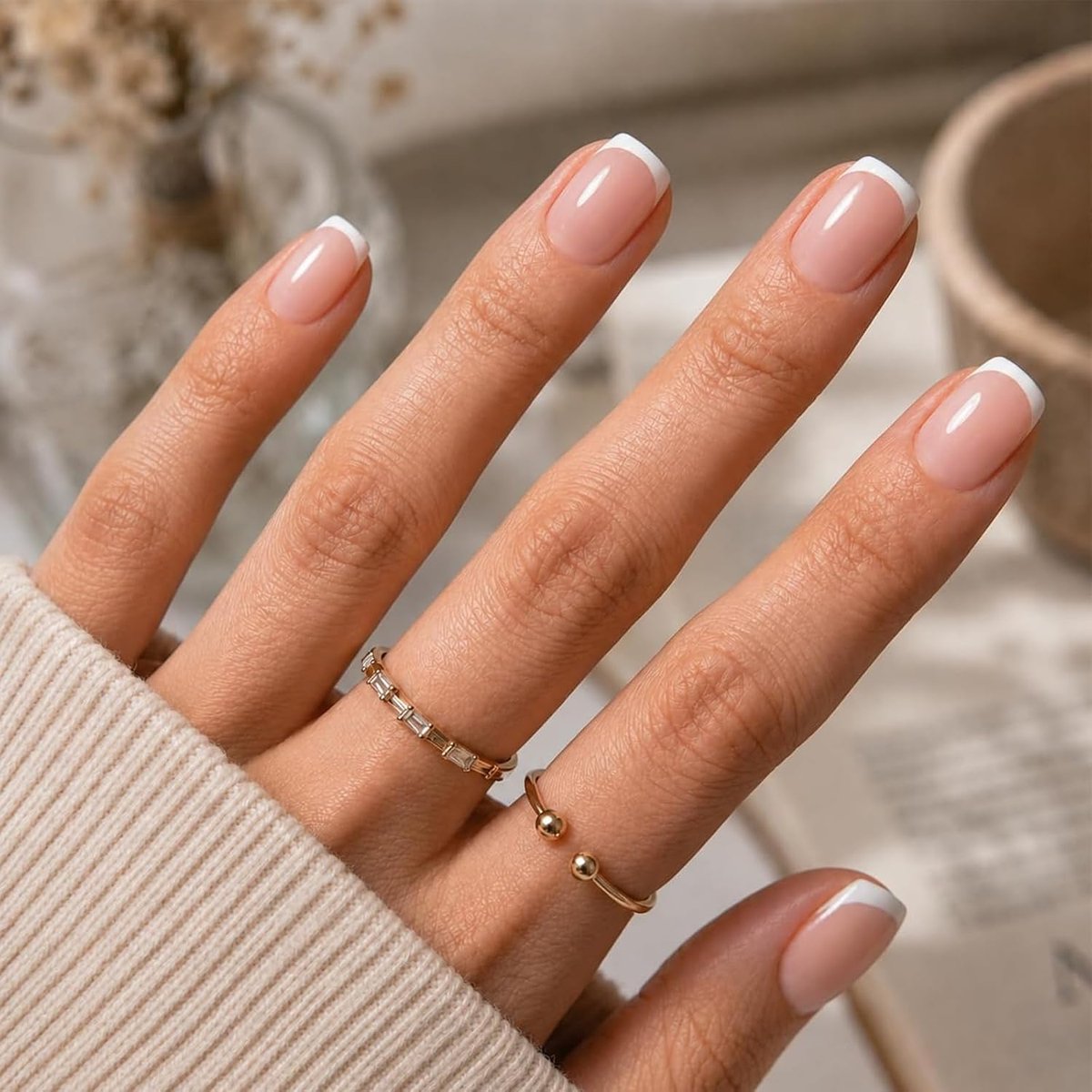Press on nails korte vierkante French - 24 stuks nepnagels met lijm - natuurlijke kunstnagels - ShopVlot