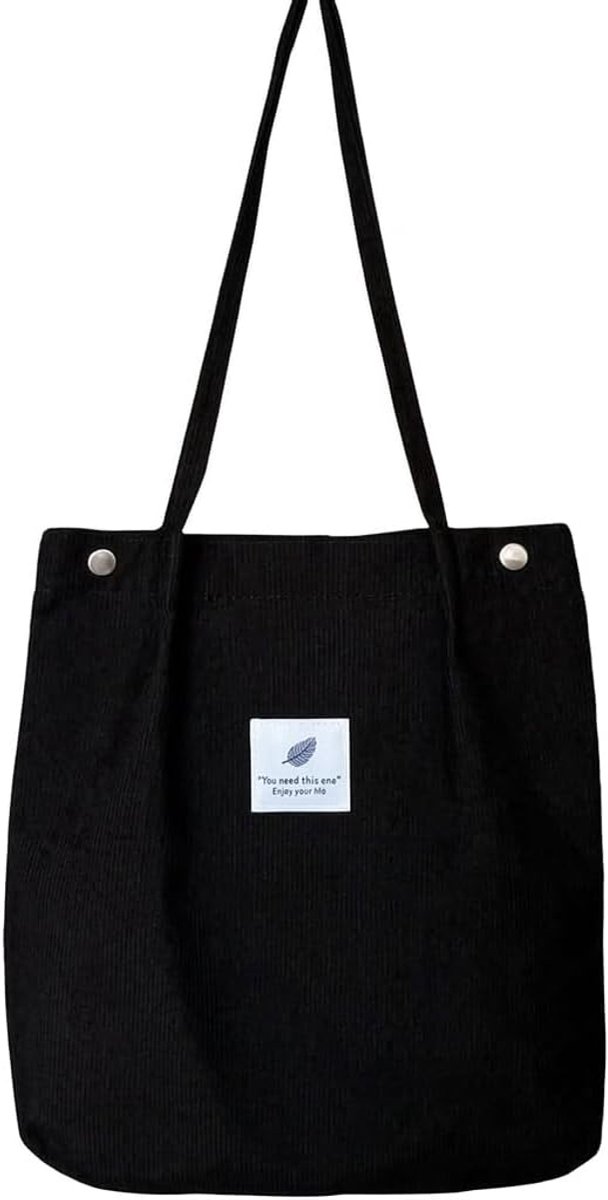 Corduroy tas dames - grote zwarte schoudertas - canvas buideltas met ritssluiting - ideaal voor school - ShopVlot