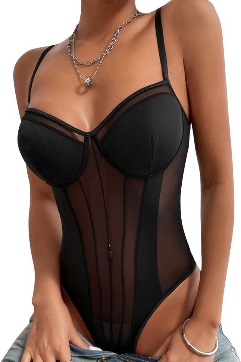 Bodysuit dames - doorschijnend mesh - spaghettibandjes - sexy uitstraling - ShopVlot