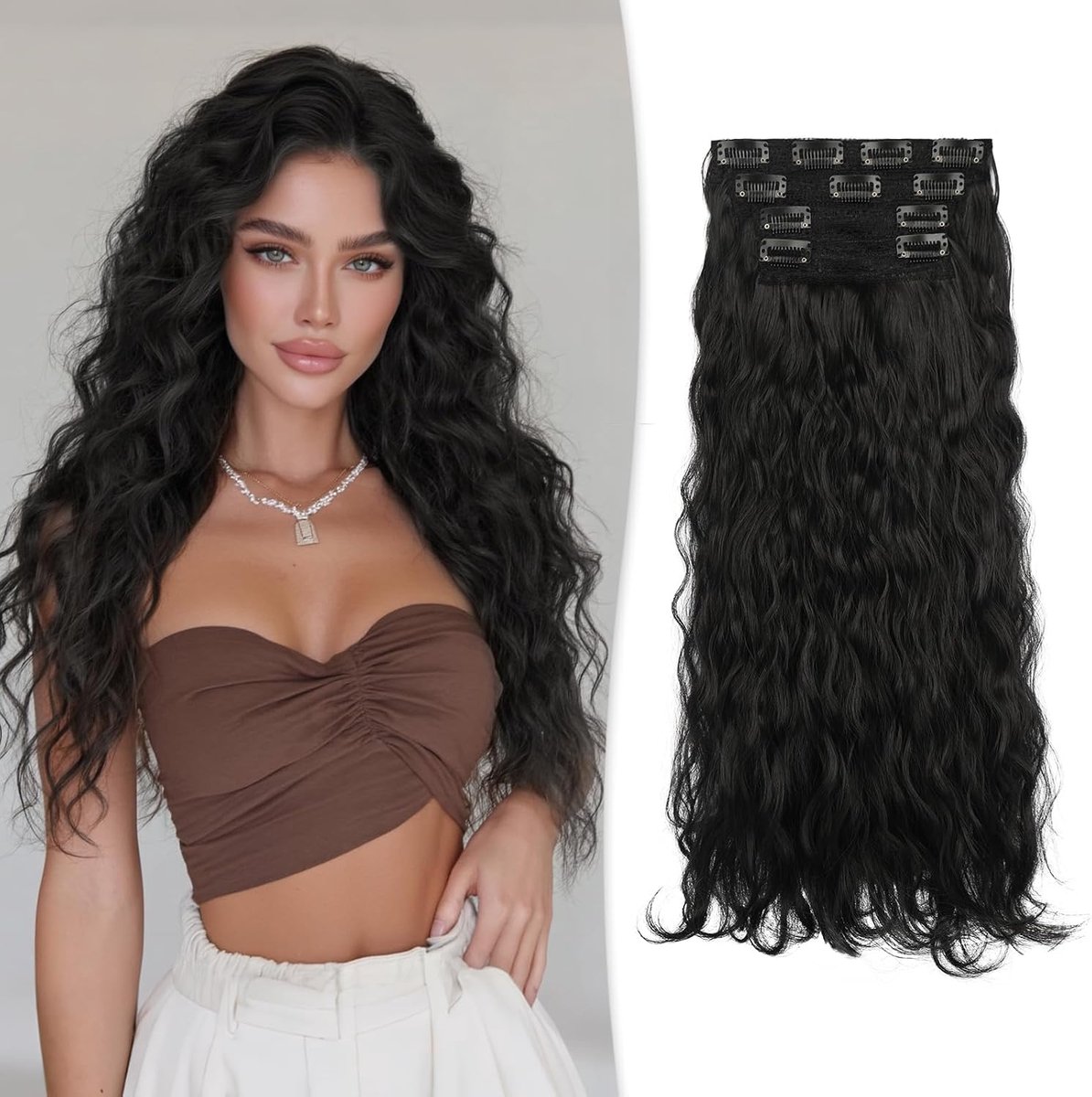 RUWISS Clip in Hair Extensions, 45 cm Lange Golvende Clip in Haarextensies 4PCs Krullend Synthetische Haarextensies - ShopVlot