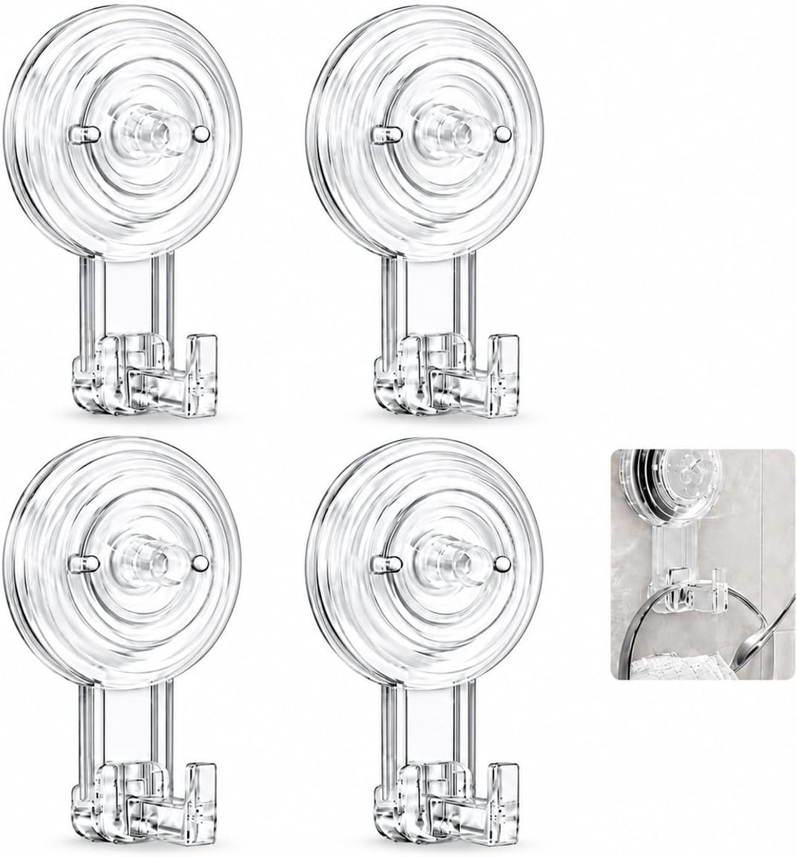 Suction cup haken set van 4 - transparant - zonder boren - sterke grip voor badkamer - ShopVlot