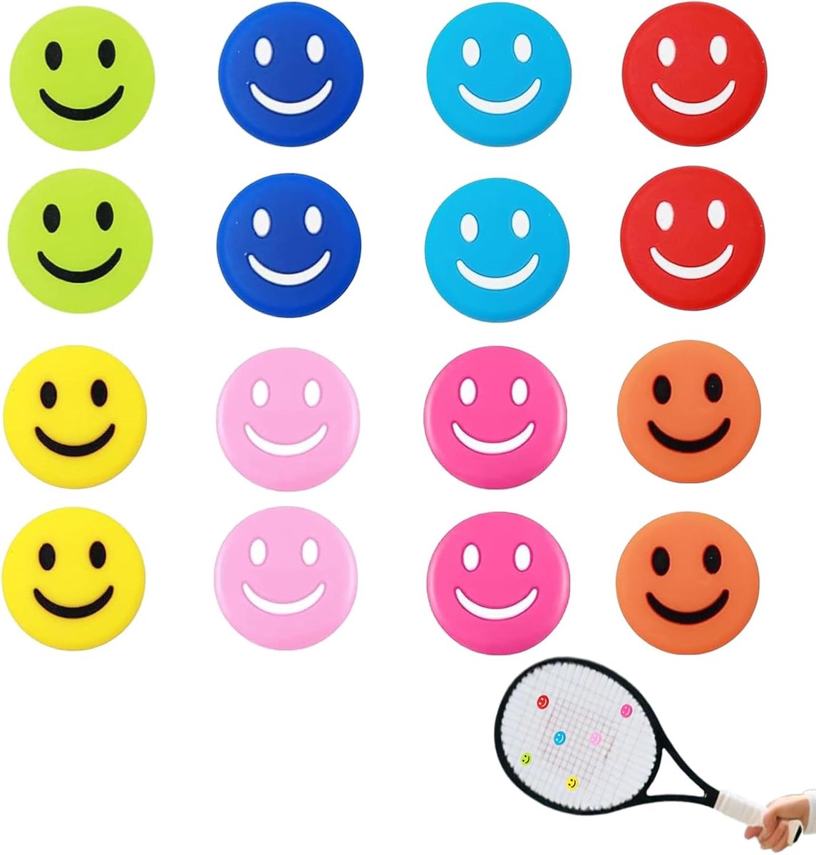 Tennis rackets 16 stuks - siliconen dempers - vrolijk gezicht ontwerp - comfortabel spelen - ShopVlot