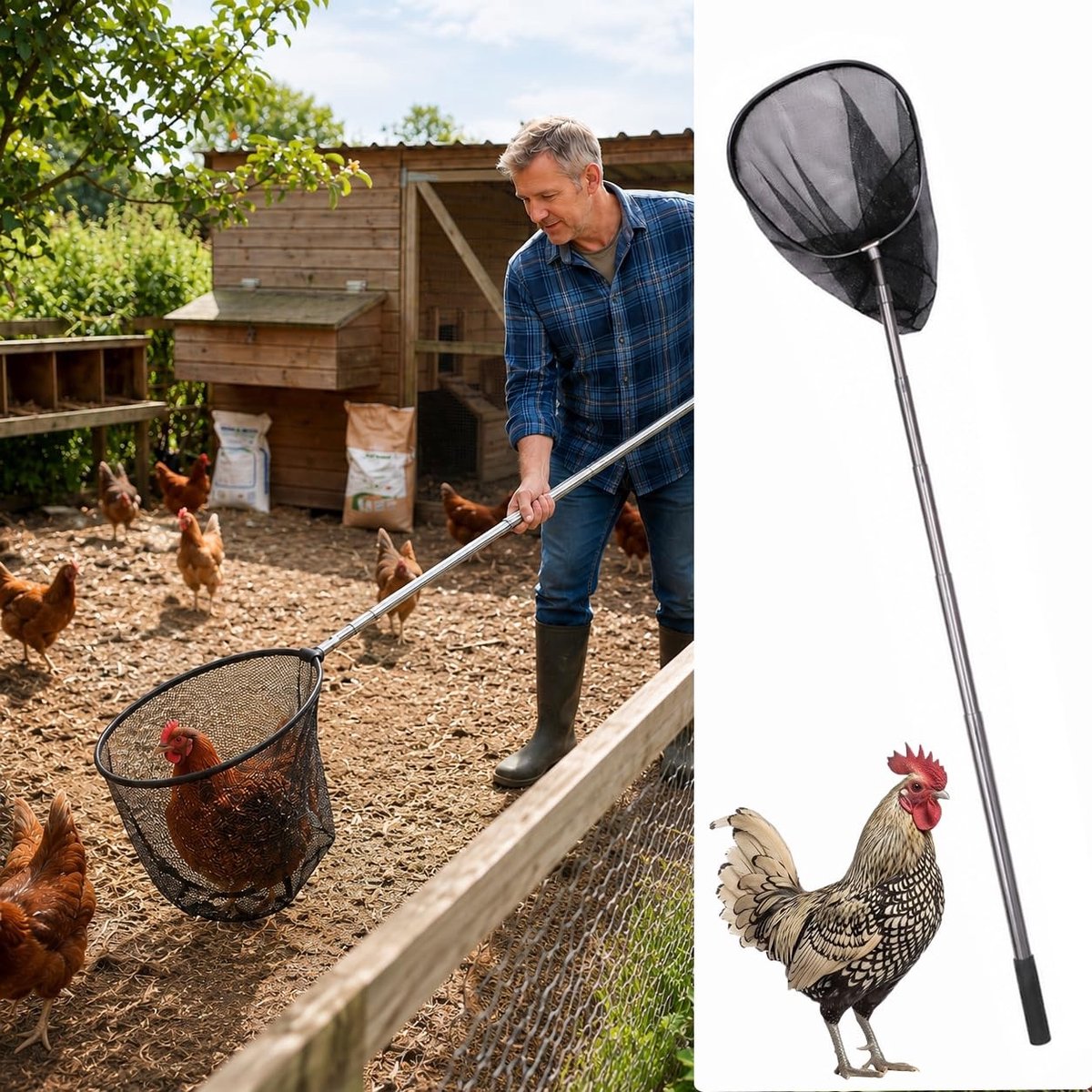 Vangnet met telescoopsteel voor het veilig vangen van kippen, eenden en ganzen | Ideaal voor gebruik in stal en erf, 55 cm diep net met telescopische handgreep van 237 cm, perfect voor dierenopvang en dierenverzorging