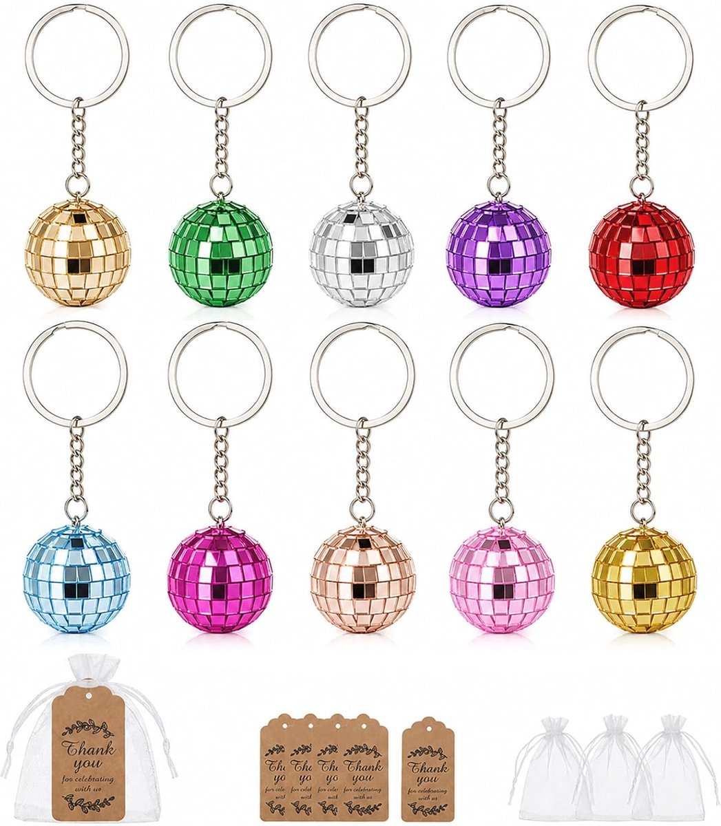 Discobal sleutelhangers 3 cm - kleurrijk - 10 stuks - compleet met geschenkzakjes en kaarten - ShopVlot