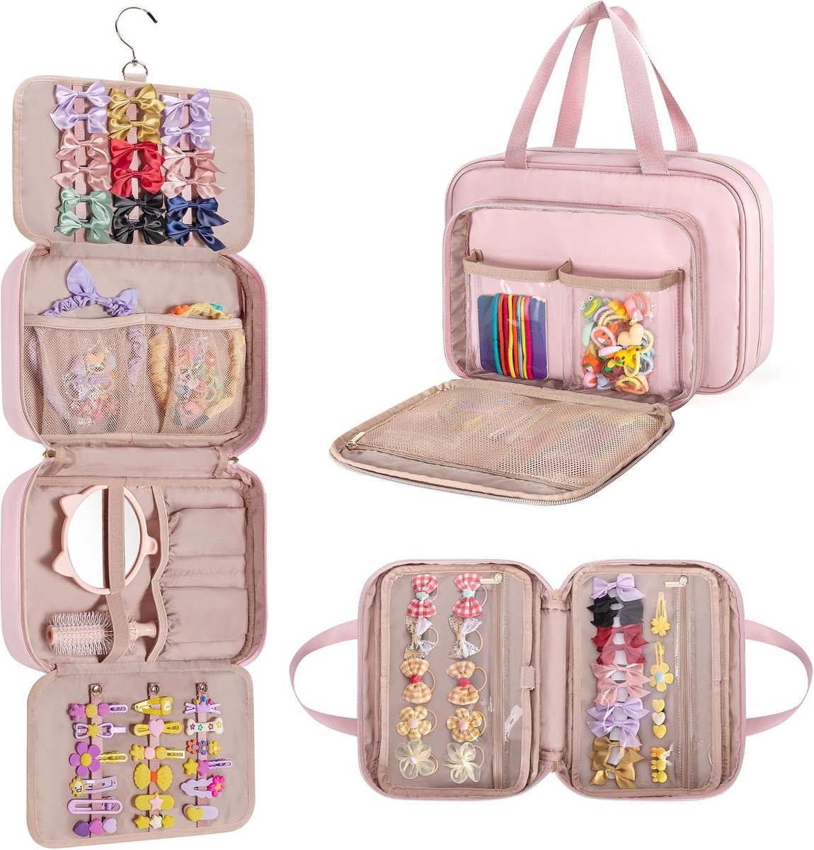 Haaraccessoires Organizer voor Meisjes, Hangende Opbergzak voor Haarstrikken, Haarbanden en Scrunchies, Roze (Lege Tas)