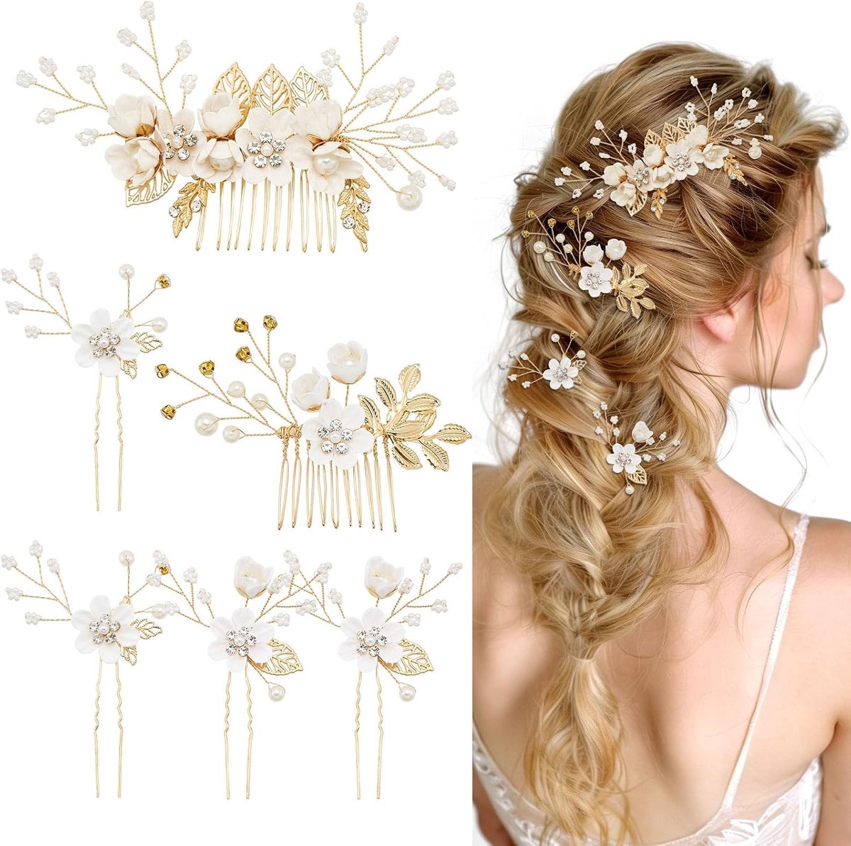 Haaraccessoires set bruid - 6 delige haarspelden met bloemen - goudkleurig met steentjes - perfect voor bruiloften - ShopVlot