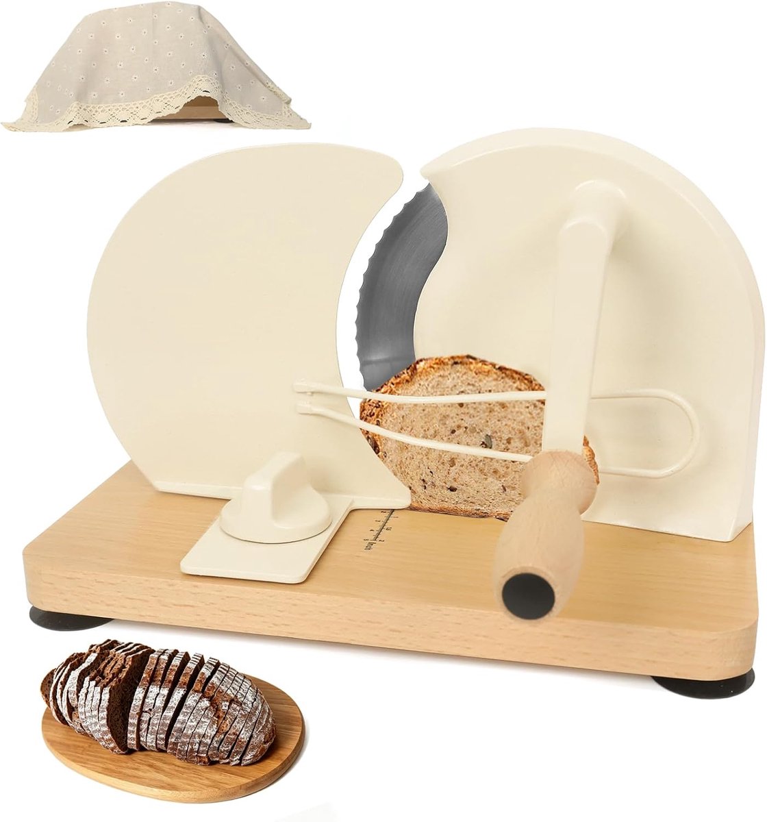 XIAPIA Handmatig broodsnijmachine met houten plank en handslinger, wit - ShopVlot