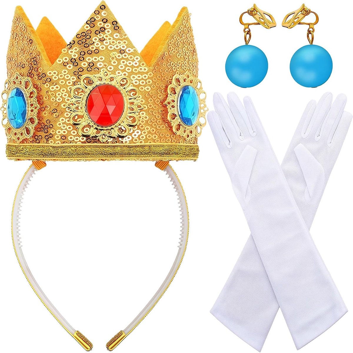 Princess Costume Accessories Set 3 Pieces for Women and Girls, Peach Cosplay Accessories with Gold Crown, Long White - ShopVlot
