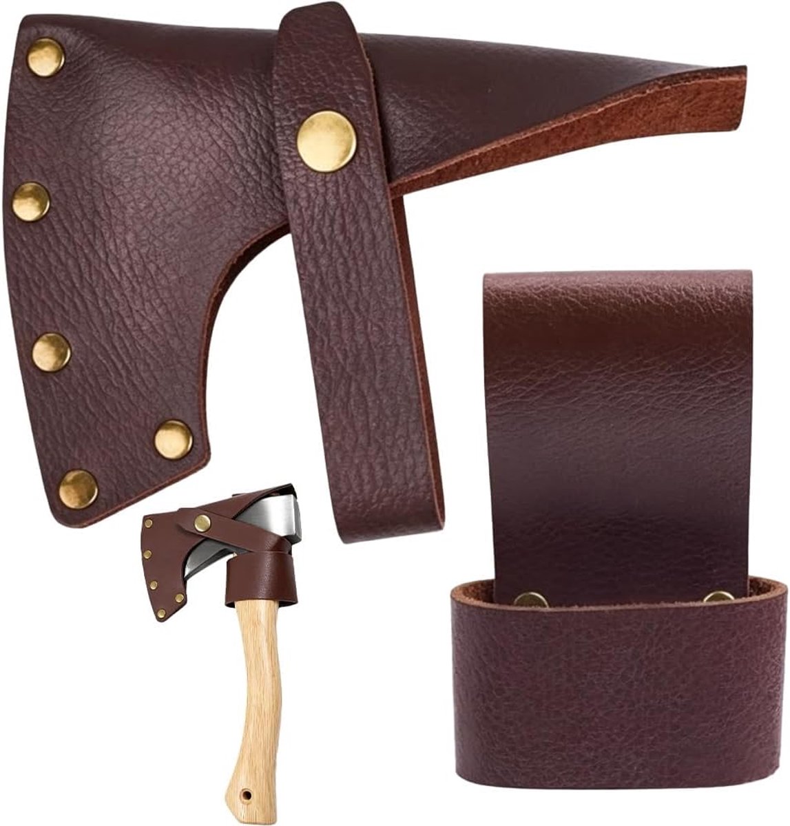2 STKS Koeienhuid Bijl Schede Riem Loop Set Echt Lederen Bijl Cover Holster Bruin Bijl Hoofd Protector Case Hout - ShopVlot