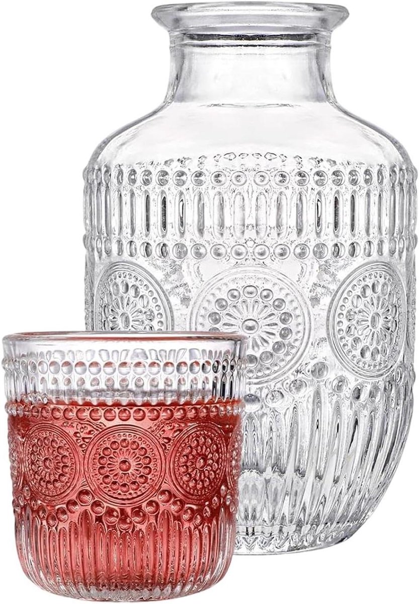 Waterkaraf met beker - Glazen nachtkastset - Hydratatie op nachtkastje - 2-in-1 deksel/glas - 600 ml kan - Zonnebloem