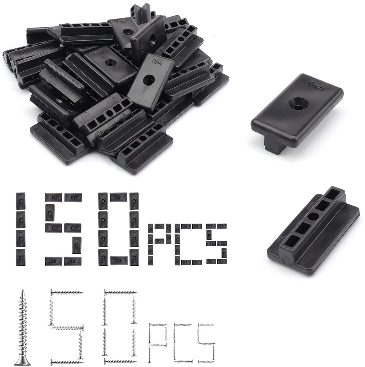 Pack of 150 WPC Clips, 6 mm Decking Mount Invisible with Screws, Shelves, T Clips, Spacers, Decking, Plastic Fixing - ShopVlot