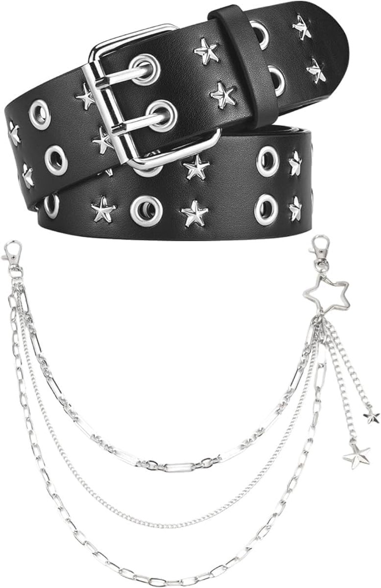 Punk Rock Belt with Rivets and Eyelets for Men and Women, Y2K E-Girl Waist Belt & Star Chain Set, Adjustable Leather - ShopVlot