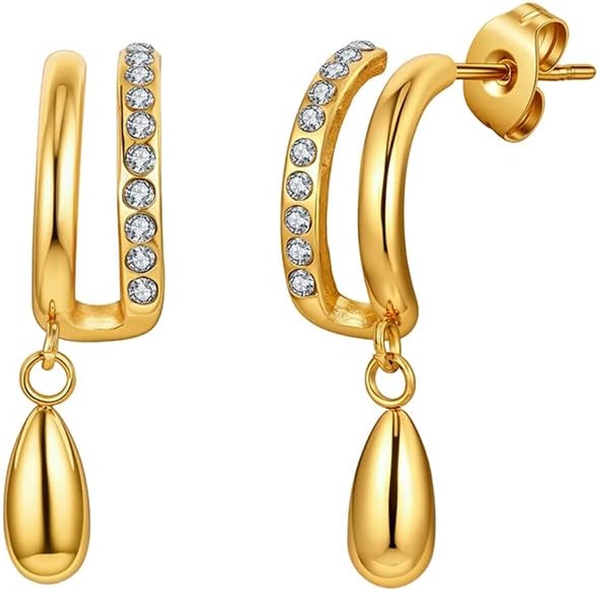 Waterdruppeloorbellen voor dames, roestvrij staal, trendy, C-vorm, zirkonia, cadeau voor dames - ShopVlot