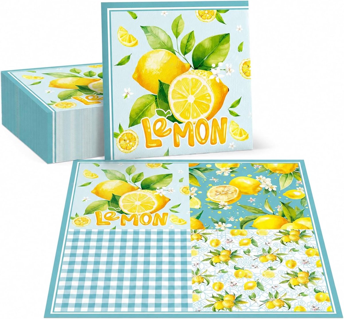 Koboko Papieren servetten met citroenmotief, blauw en geel, geruit patroon met bloemen, 20 stuks - ShopVlot