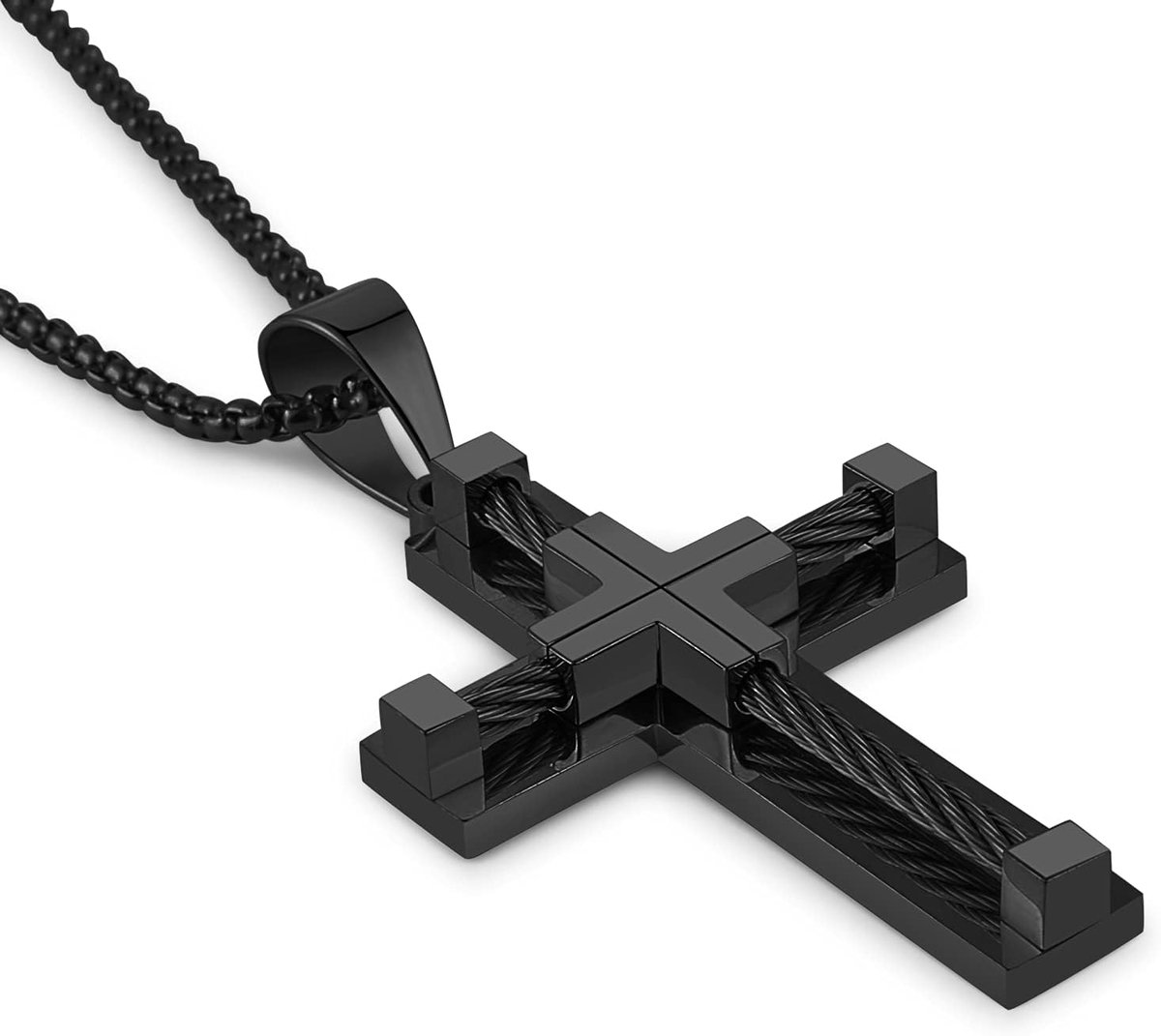 HZMAN Stainless Steel Men's Cross Chain Cable Inlay Double Layer Cross Chain Pendant 22 + 2 Inch Chain (Black) - ShopVlot