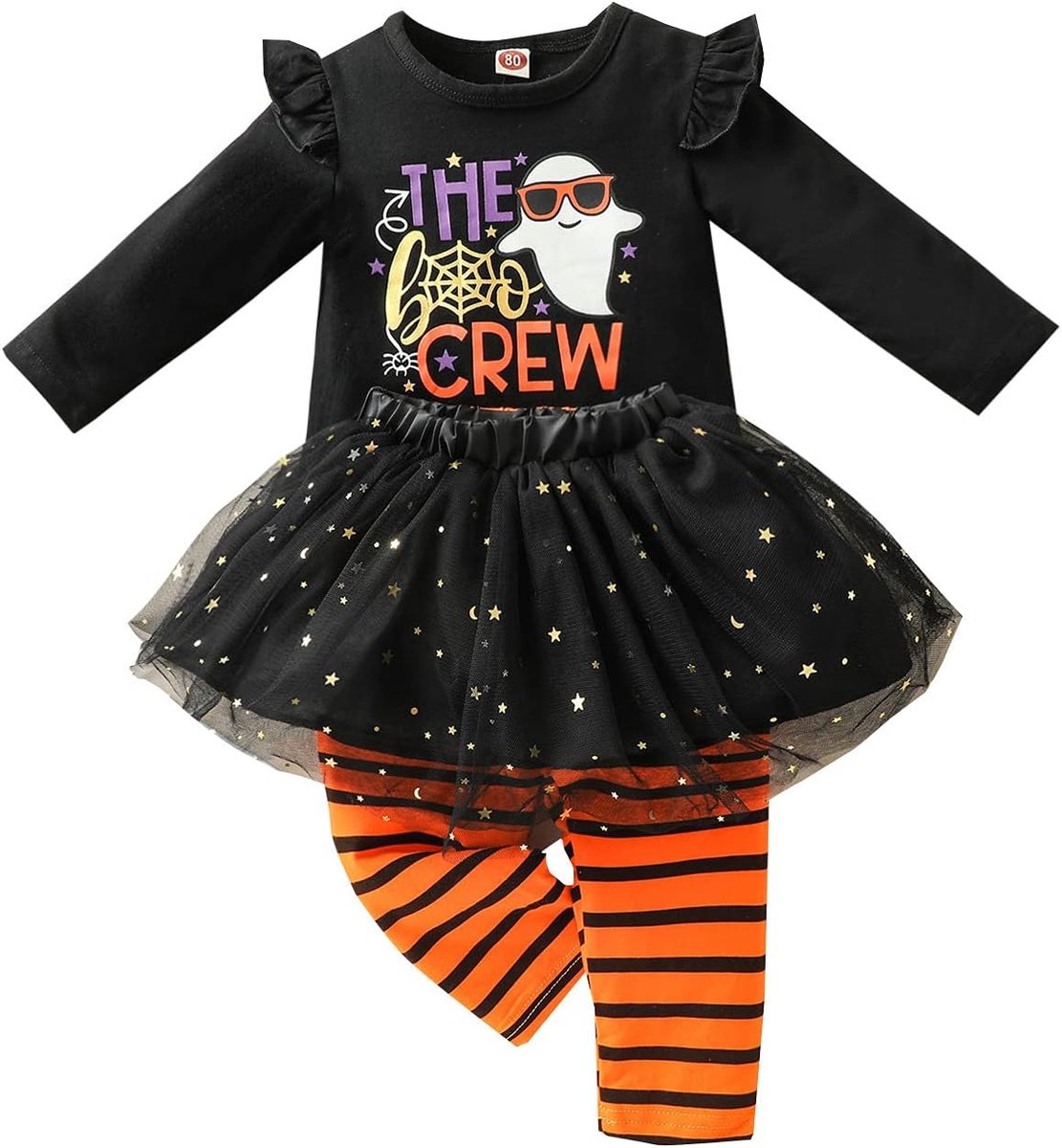 Verve Jelly Baby Girl Halloween Clothes Ruffle Long Sleeve Pumpkin Tops Tulle Tutu Skirt Striped Long Pants Toddler - ShopVlot
