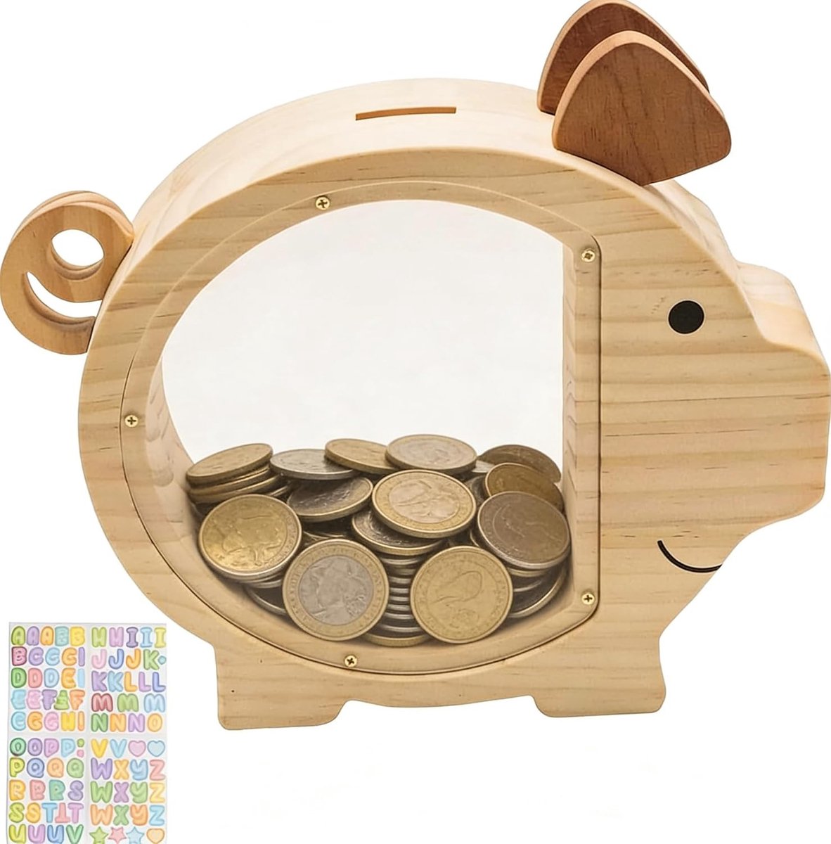 Gepersonaliseerd spaarvarken van hout, een klassiek spaarmiddel, ideaal als verjaardagscadeau of feestdagcadeau om een - ShopVlot