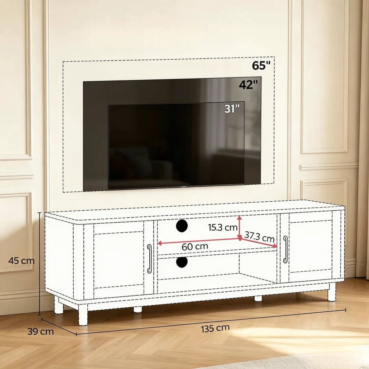DESMIU TV Meubel - Open Vakken En Dubbele Deuren Met Rattan Design - Voor Woonkamer En Mediahoek - Spaanplaat Rattan Dennenhout - 135X39X45 Cm - Eiken