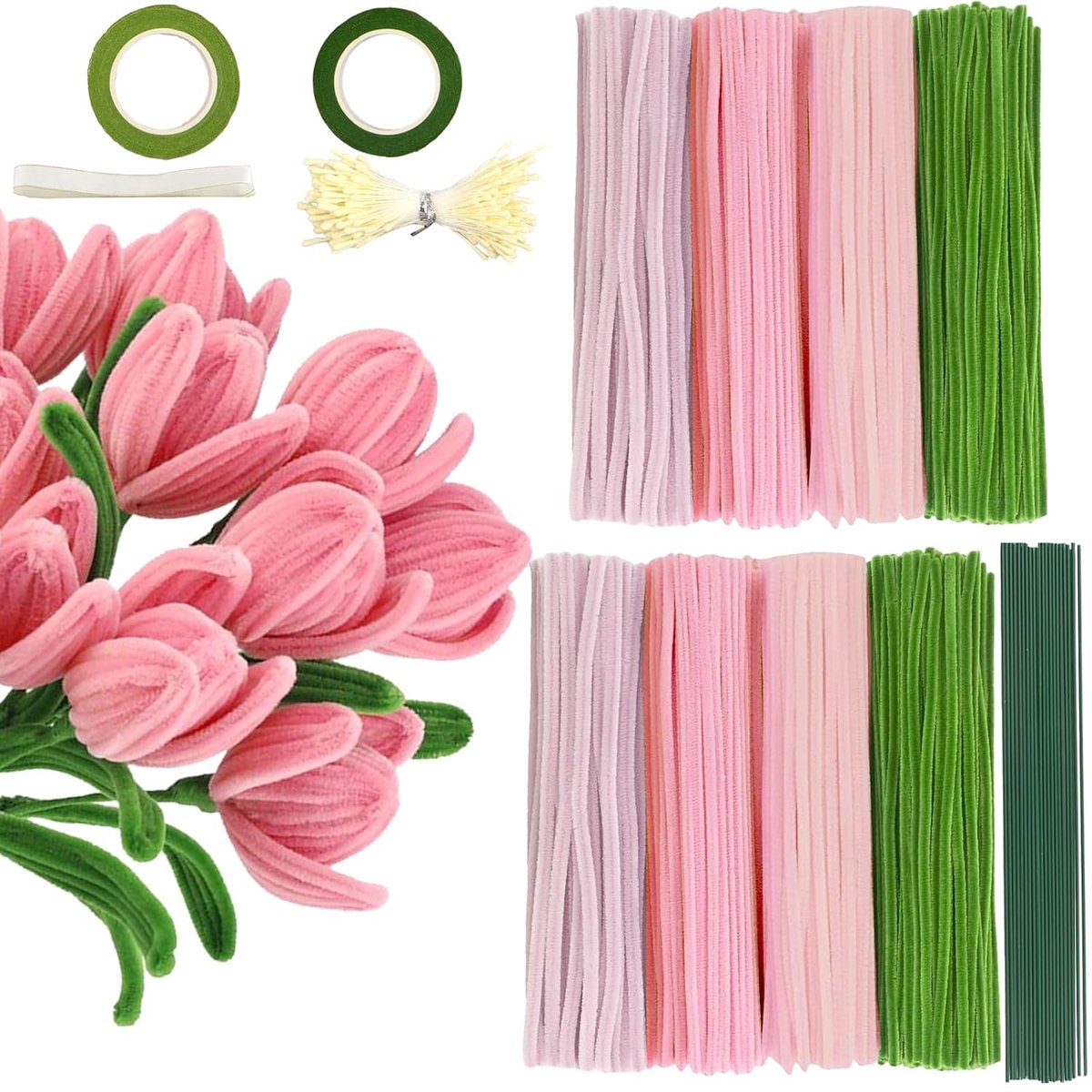 Pijpenreiniger, bloemenset, 600 stuks, pijpreiniger, bloemenset om te knutselen met stofbakken, bloemsteel, plakband - ShopVlot