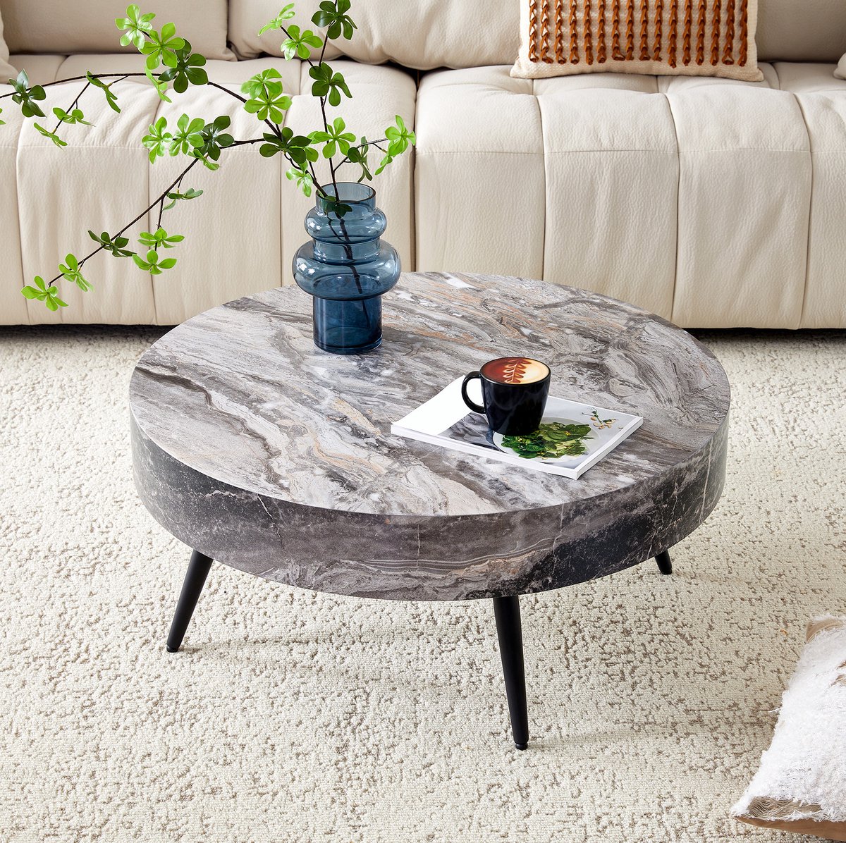 COVREO Salontafel 70 cm, grijze marmerlook MDF, zwarte metalen poten