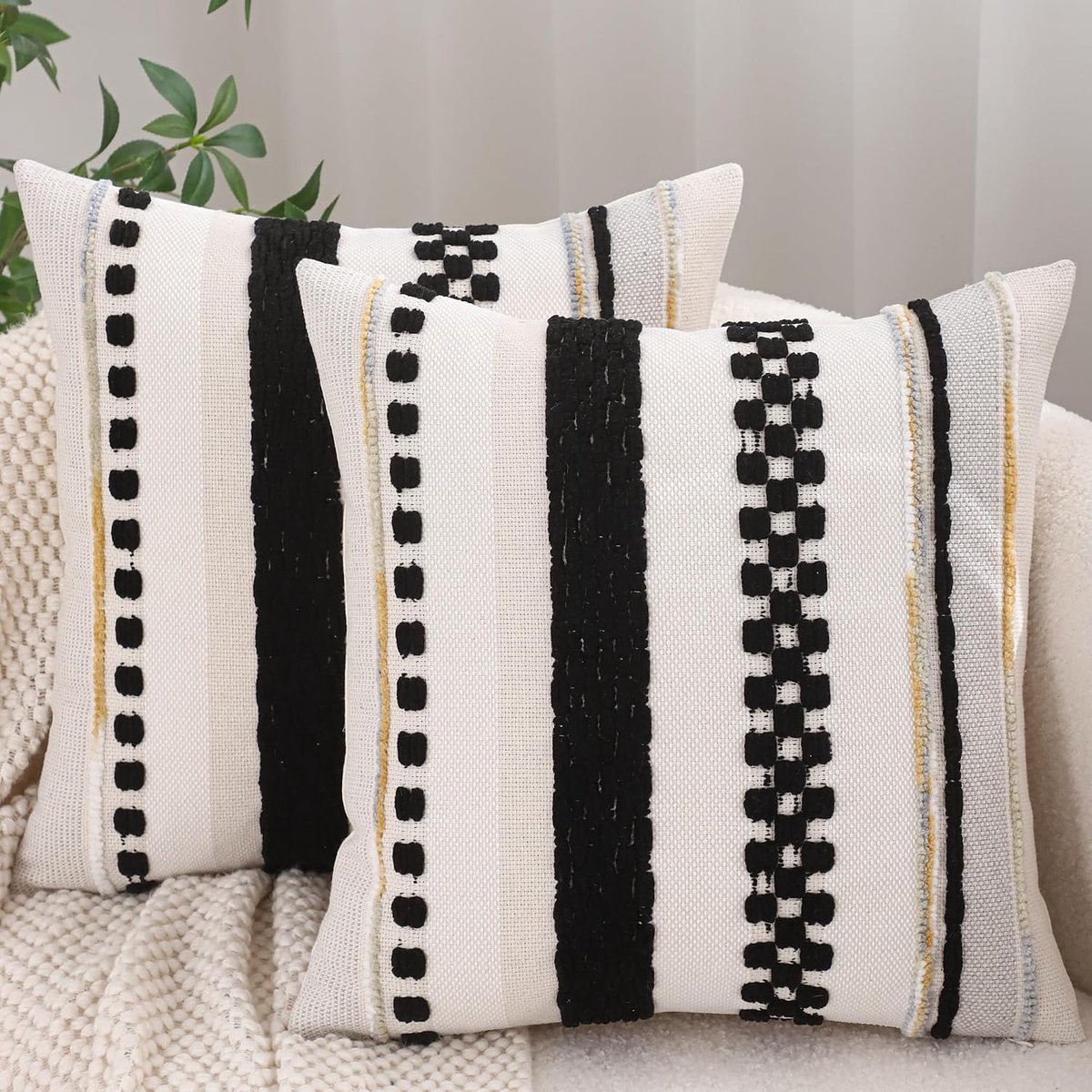 Tosleo Chenille Black Stripe Throw Pillow Cover Farm Cushion Covers 18x18 Set of 2 Boho Throw Pillow Covers Striped - ShopVlot