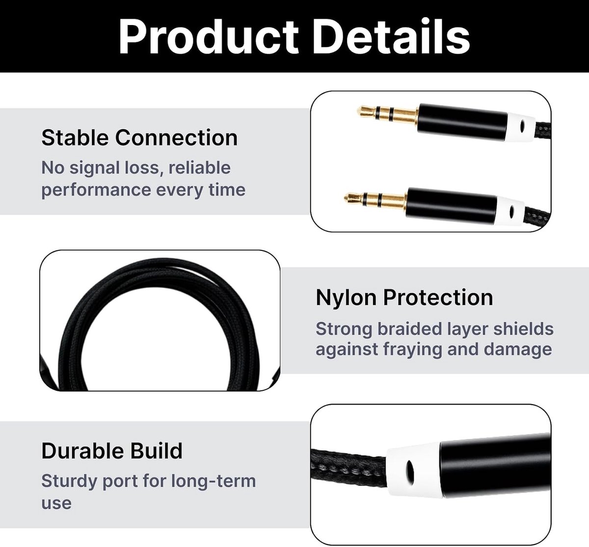 2 stuks 3,5 mm audiokabel, nylon gevlochten, 1 m audiokabel voor hoofdtelefoon, smartphones, tablets, luidsprekers, PC - ShopVlot