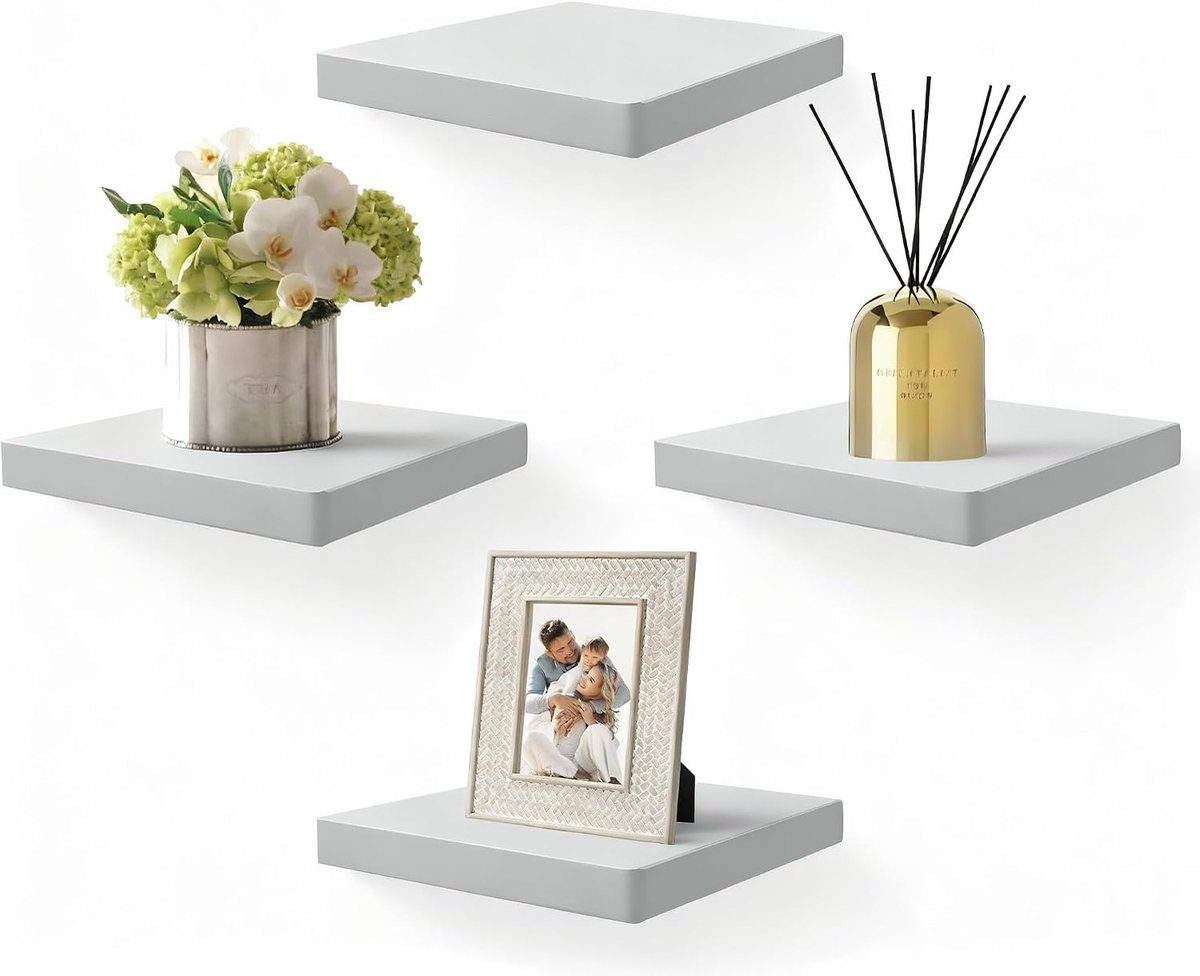 Schwimmende Wandregale, 4er-Set, 20,3 cm Massivholz-Quadratregale, kleine dekorative Wandregale für Badezimmer - ShopVlot