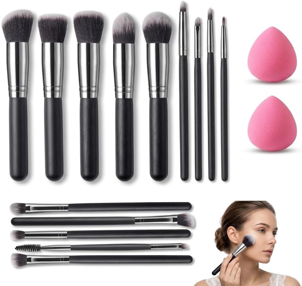 14 make-upkwasten, professionele make-upkwastenset, make-upkwasten, 2 make-upsponzen, complete make-upkwastenset voor - ShopVlot