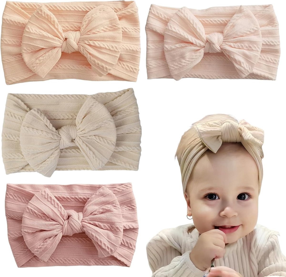 Set van 4 hoofdbanden voor baby's, meisjes, zacht, hypoallergeen, fotoaccessoires, bruiloft, verjaardag, praktisch - ShopVlot