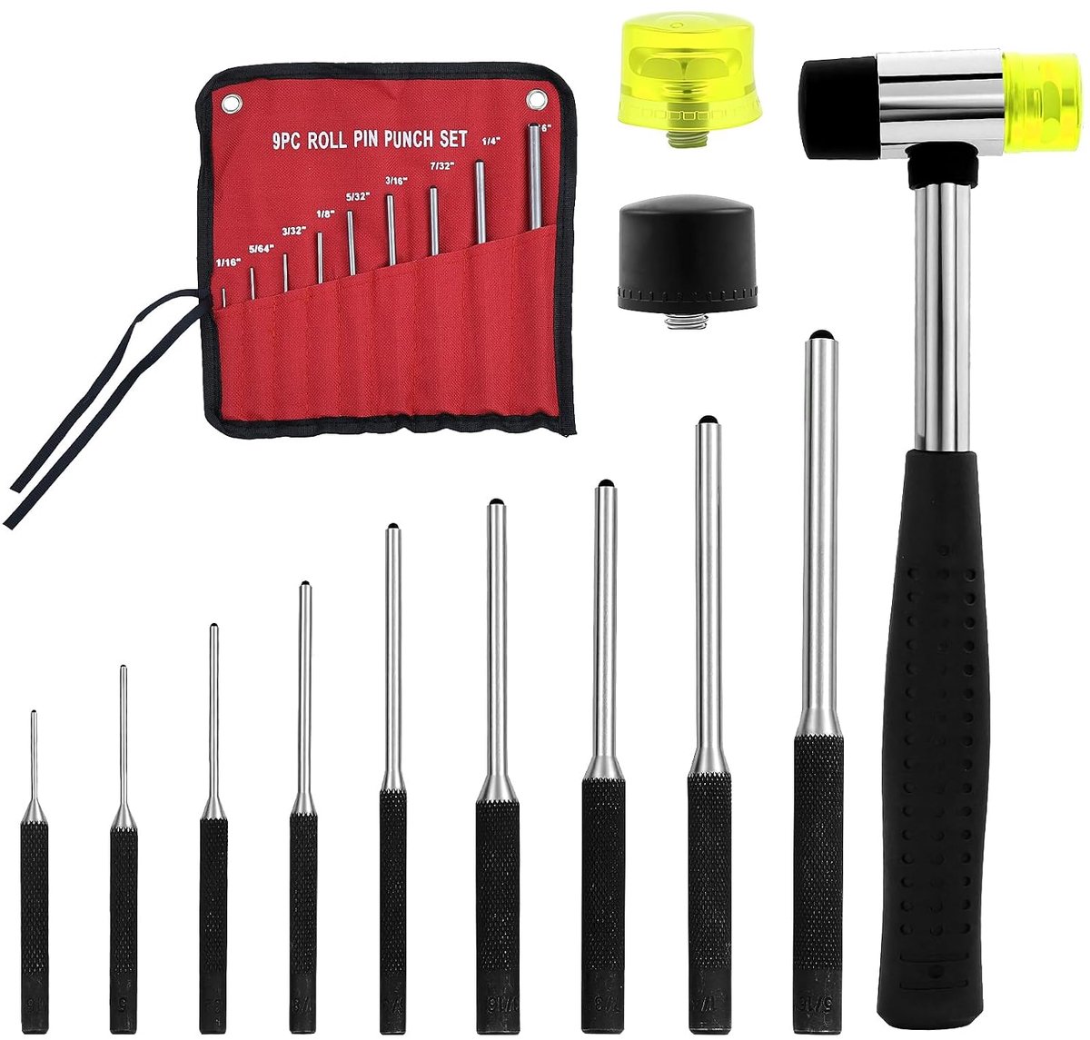 Set of 9 brushes, cylindrical pen punches with a hammer with 2 replacement rubber attachments for car repair, watches - ShopVlot