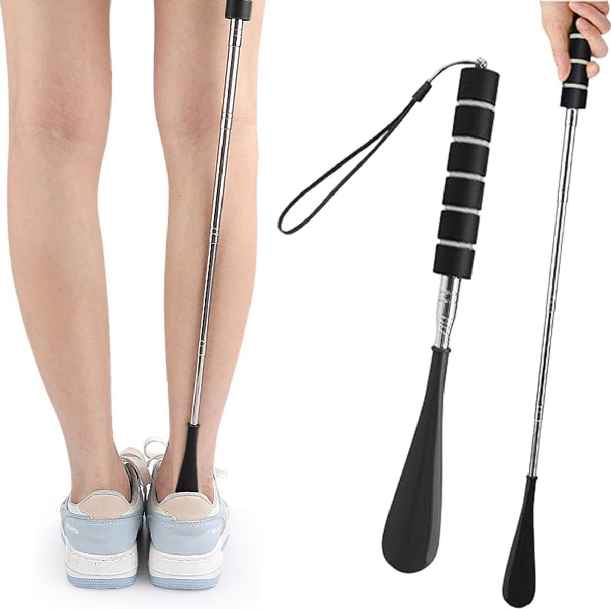 Telescopic Shoehorn, 2 Pieces, Adjustable Length, 30-70 cm, Stainless Steel, Black, for Men, Women, Seniors, Travel - ShopVlot