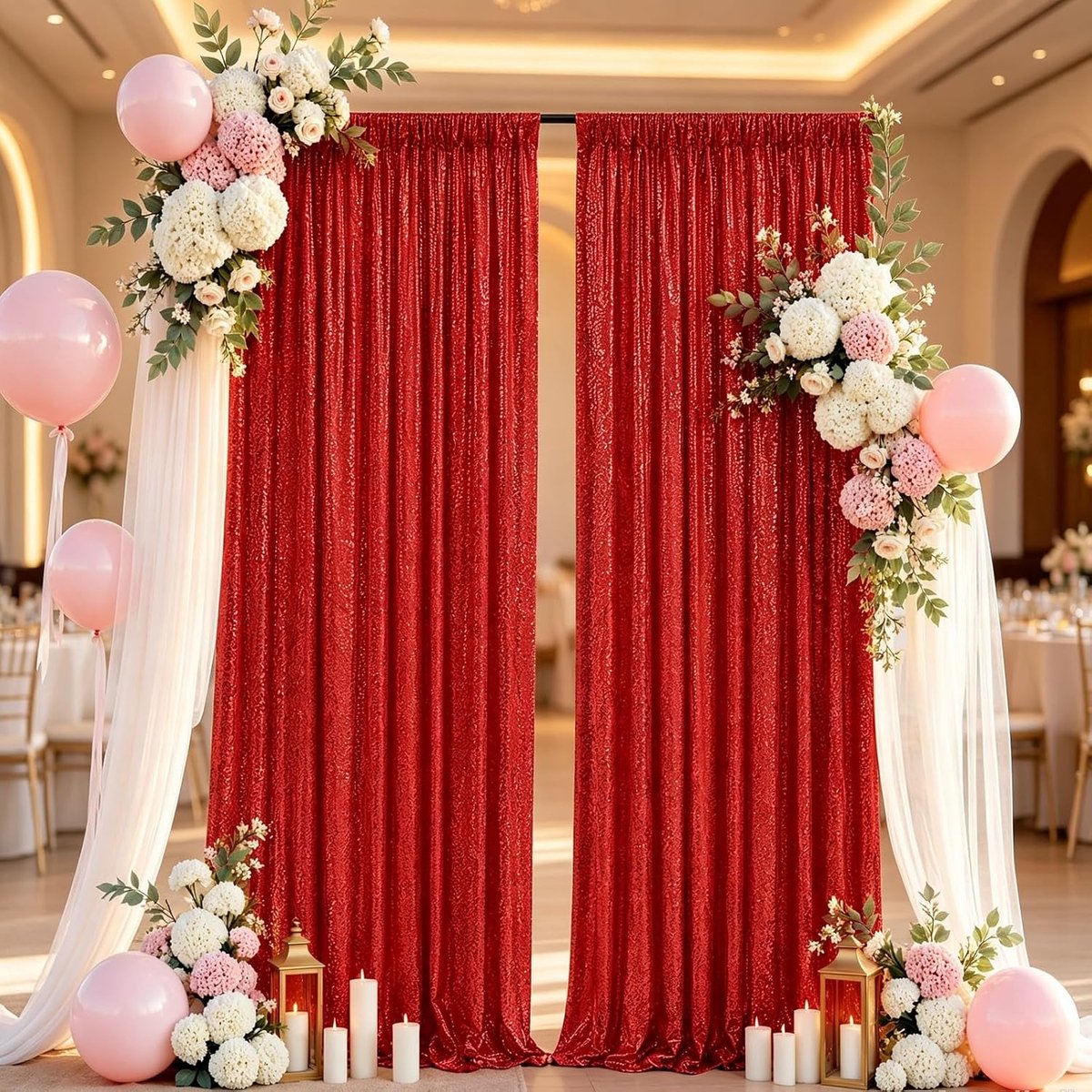 Glinsterend gordijn zilver, 2 stuks van 60x240 cm, voor bruiloften (Rood, 60x240cm) - ShopVlot