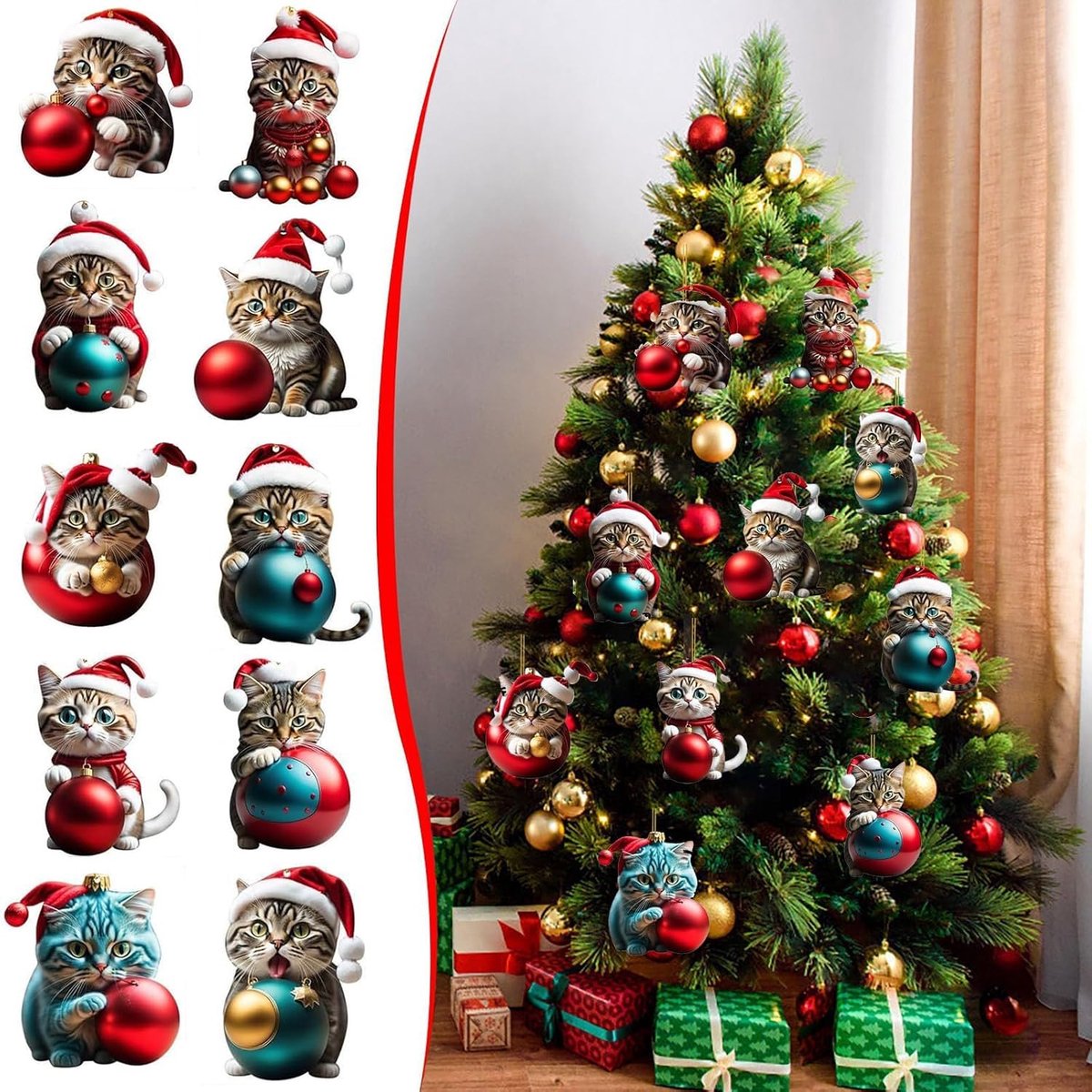 Kerstboomdecoratie Kat - 10 Stuks Acryl Hangers - Schattige Kattenmotieven - Vrolijke Sfeer voor Kerst - ShopVlot