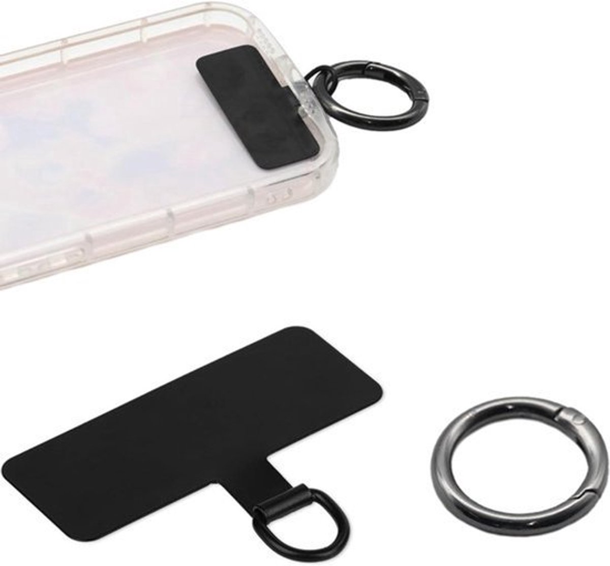 Telefoon-houder - Zwarte metalen telefoonlus met 1 metalen veerring - Robuuste draagbare telefoonlus - Mobiele telefoon reserveonderdelen - Mobiele telefoonarmband voor dames en heren