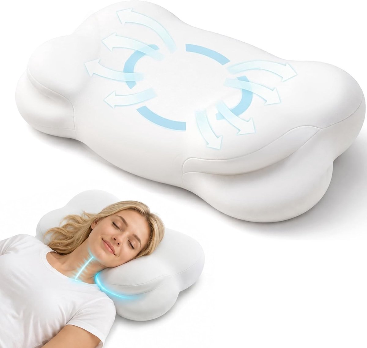 Ergonomisch Traagschuim Kussen - 60 x 37 x 7/10 cm - Met Ergonomische Neksteun - Geschikt voor Zij- en Rugslapers