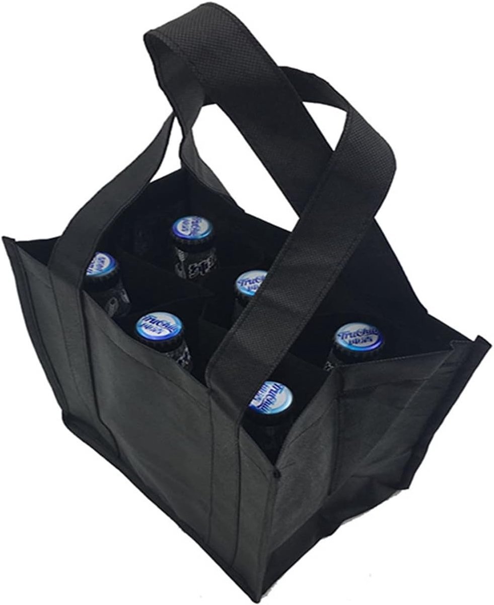 Flessentas voor 6 flessen met verdelers, wasbare boodschappentas voor 1.5L flessen, zwart, 31 x 25 x 18 cm, ideaal voor boodschappen en picknicks
