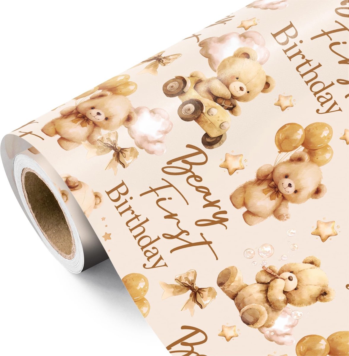 Solidchoice - Inpakpapierrol Eerste Verjaardag met Teddybeer Motief
