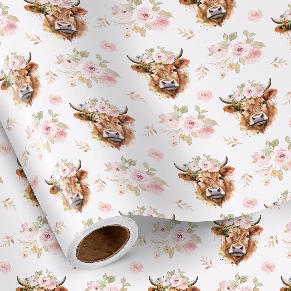 Solidchoice - Mini-cadeaupapier met Koeienmotief en Roze Bloemen