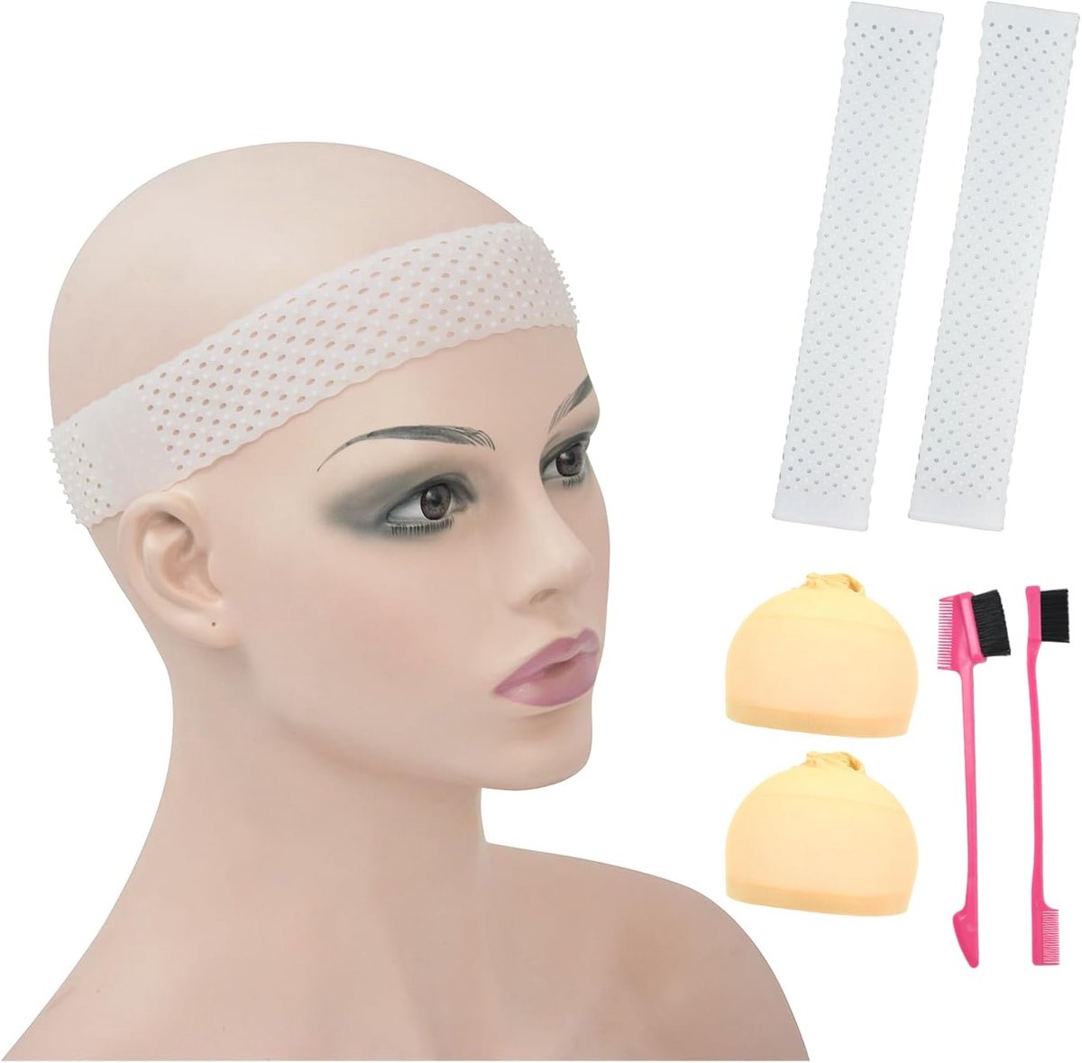 2 Pcs Breathable Silicone Wig Strap Non-Slip Elastic Grip Headbands with Stocking Caps and Hair Brush for Fixed Wigs - ShopVlot