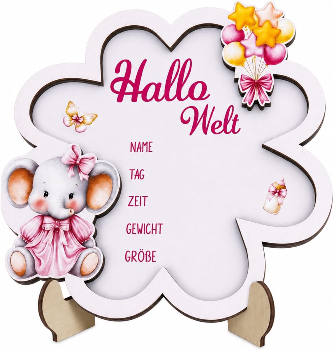mijlpalenkaarten baby hout 16x15,2cm roze olifant hello world baby houten bord met standaard 3-laags hout baby - ShopVlot