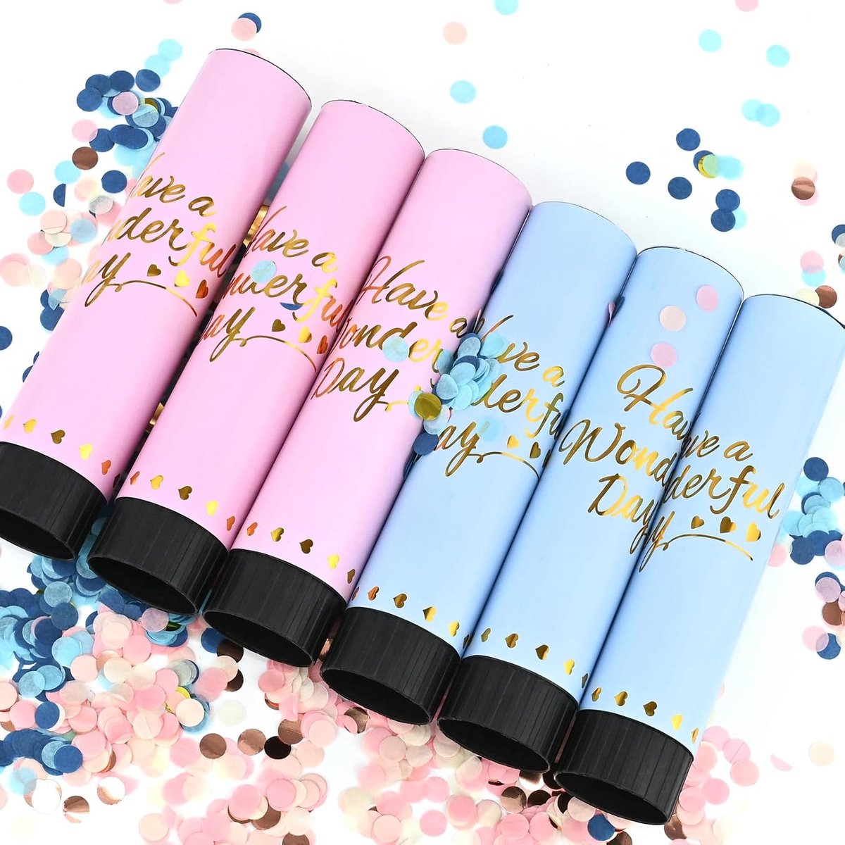 6 stuks confettikanon, 2 kleuren, confettiregen, bruiloft, feest, poppers, 20 cm, met draaibaar zwart draaiplateau - ShopVlot