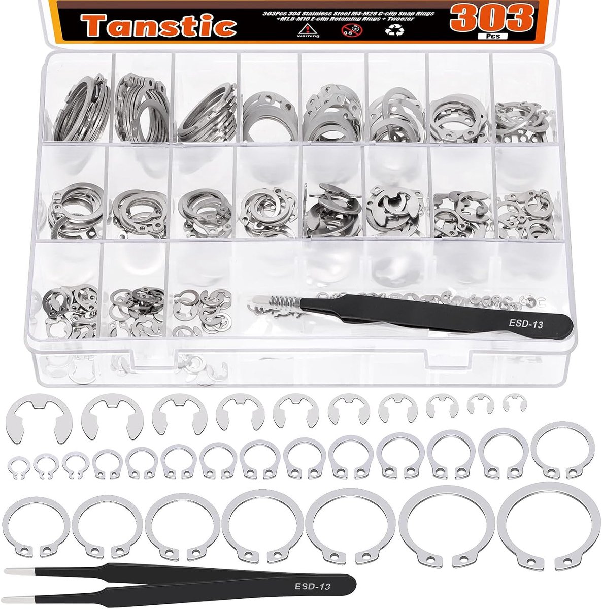 Tanstic C-Clip External Retaining Rings, Snap Rings, E-Clip, Fixing Rings, E-Clip, Assortment Set for Machines - ShopVlot