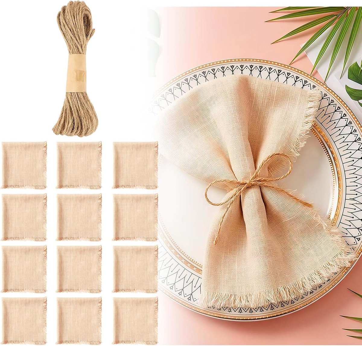 12 stuks stoffen servetten, beige met franjes, katoenen servetten, stof, linnen servetten, mousseline servetten - ShopVlot