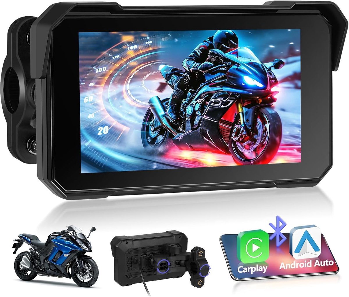 Motorcycle Navigation with Wireless A-pple Carplay Android Car, IP68 Waterproof, 5 Inch HD Touch Screen Car Radio, GPS - ShopVlot